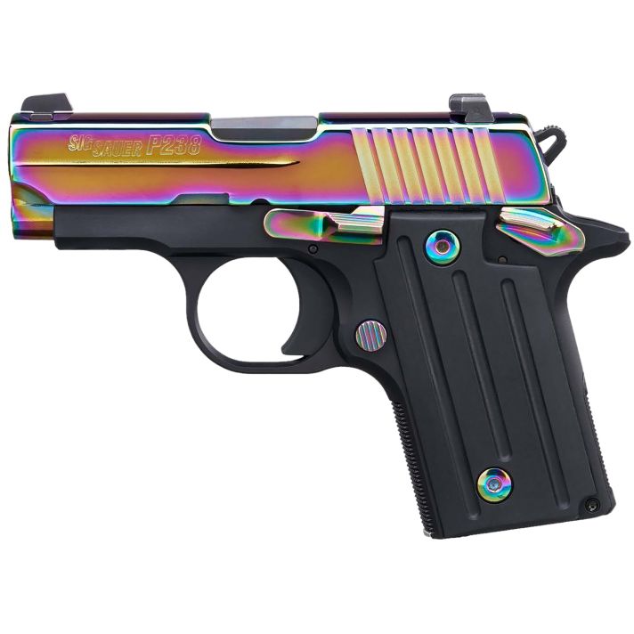 Sig Sauer 238380RBT2 P238Micro-Compact Frame 380 ACP 6+1 2.70" Black Steel Barrel, High Polished Rainbow Titanium PVD Serrated Stainless Steel Slide, Black Anodized Alloy Steel Frame, Polymer Grip