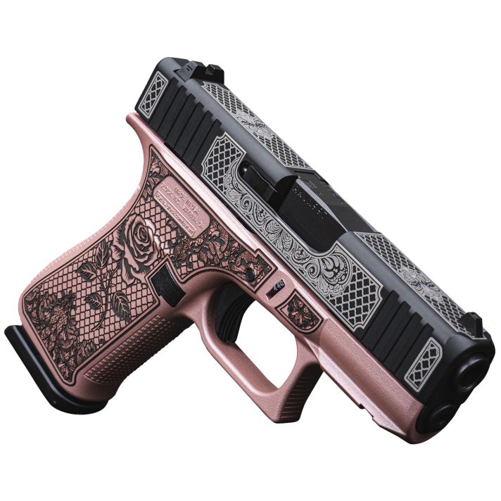 Glock UX4350204FRNGLRG G43XSub-Compact Frame 9mm 10+1 3.41" Black GMB Barrel Black w/White Scroll Cerakote, Serrated Steel Slide Rose Gold Lace w/Rose Cerakote Polymer Frame & Grip