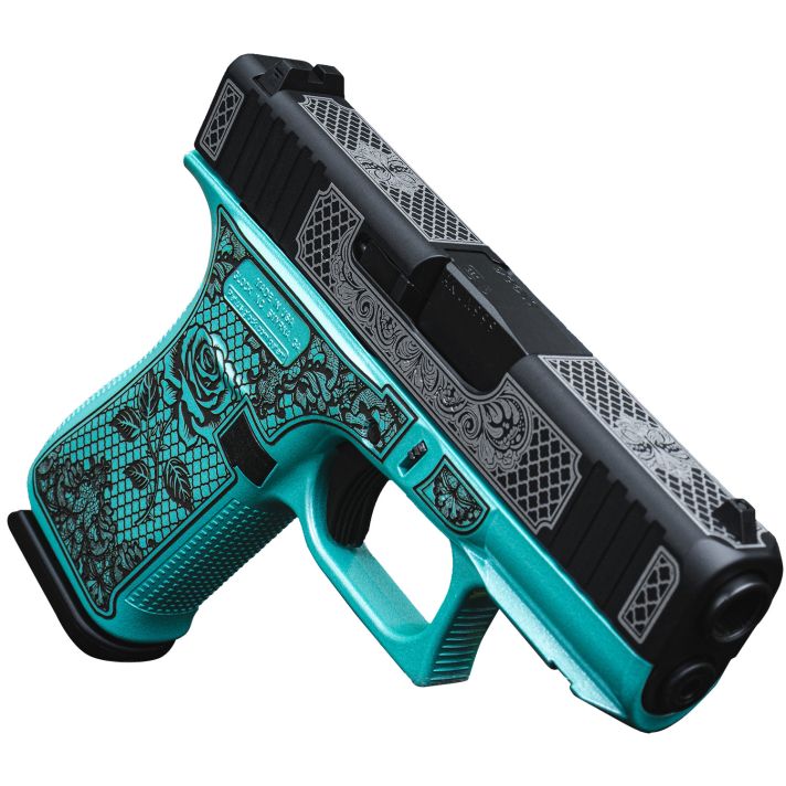 Glock UX4350204FRGLTB G43XSub-Compact Frame 9mm 10+1 3.41" Black GMB Barrel Black w/White Scroll Cerakote Serrated Steel Slide, Tiffany Blue Lace w/Rose Cerakote Polymer Frame & Grip