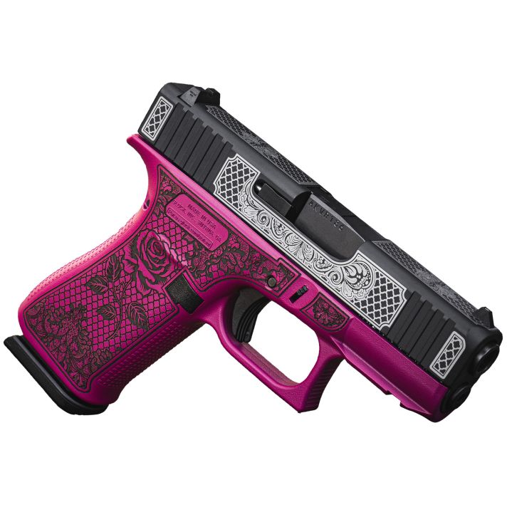 Glock UX4350204FRGLBC G43XSub-Compact Frame 9mm 10+1 3.41" Black GMB Barrel, Black w/White Scroll Cerakote Serrated Steel Slide, Black Cherry Lace w/Rose Cerakote Polymer Frame & Grip
