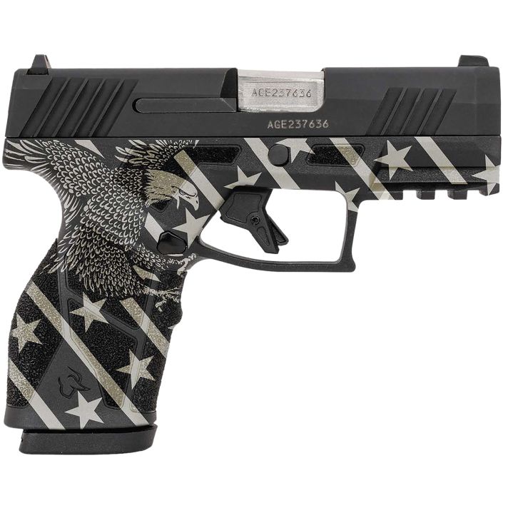 Taurus 1-GX2931-EN1 GX2Compact Frame 9mm Luger 13+1 3.38" Stainless Steel Barrel, Matte Black Serrated Alloy Steel Slide, Black w/Eagle, Stars & Stripes Polymer Frame w/Accessory Rail