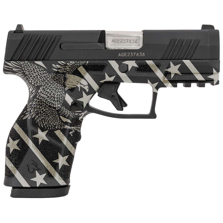 Taurus 1-GX2931-10EN1 GX2Compact Frame 9mm Luger 10+1 3.38" Stainless Steel Barrel, Matte Black Serrated Alloy Steel Slide, Black w/Eagle, Stars & Stripes Polymer Frame w/Accessory Rail