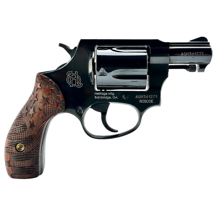 Heritage Mfg HR38B3-US1 RoscoeSmall 38 Special +P 5 Shot 3" Black Polished Alloy Steel Barrel, Cylinder & Frame, Custom Designed Wood Grip w/Stars & Stripes, Transfer Bar Safety, Exposed Hammer