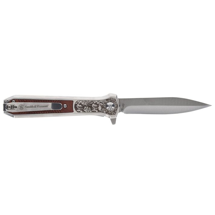 Smith & Wesson Knives 1205011 Unwavered3.50" Folding Dagger, Plain Stonewashed 8Cr13MoV SS Blade, 4.25" Rosewood w/SS Scales Handle