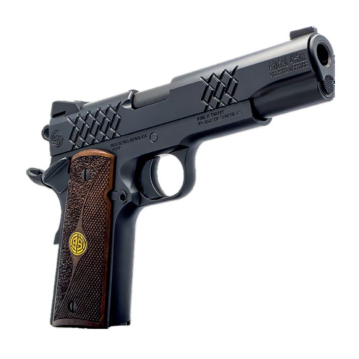 Dickinson LLC DKSN9BM 1911 Adam Full Size Frame 45 ACP 8+1 4.37" Matte Black Button Rifled Barrel, Matte Black Serrated Aluminum Slide, Matte Black Steel Frame, Wood Grips