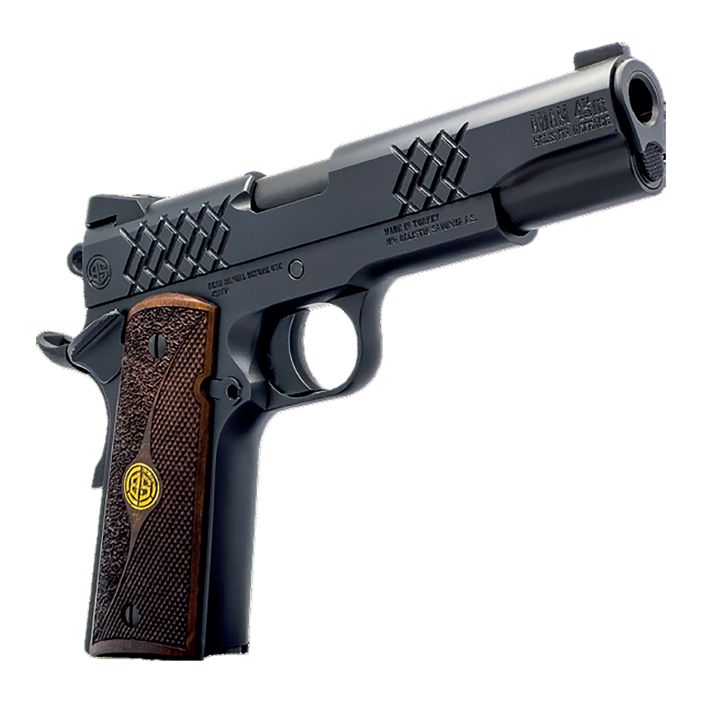 Dickinson LLC DKSN45BM 1911 Adam Full Size Frame 45 ACP 8+1 5" Matte Black Button Rifled Barrel, Matte Black Serrated Aluminum Slide, Matte Black Steel Frame, Wood Grips