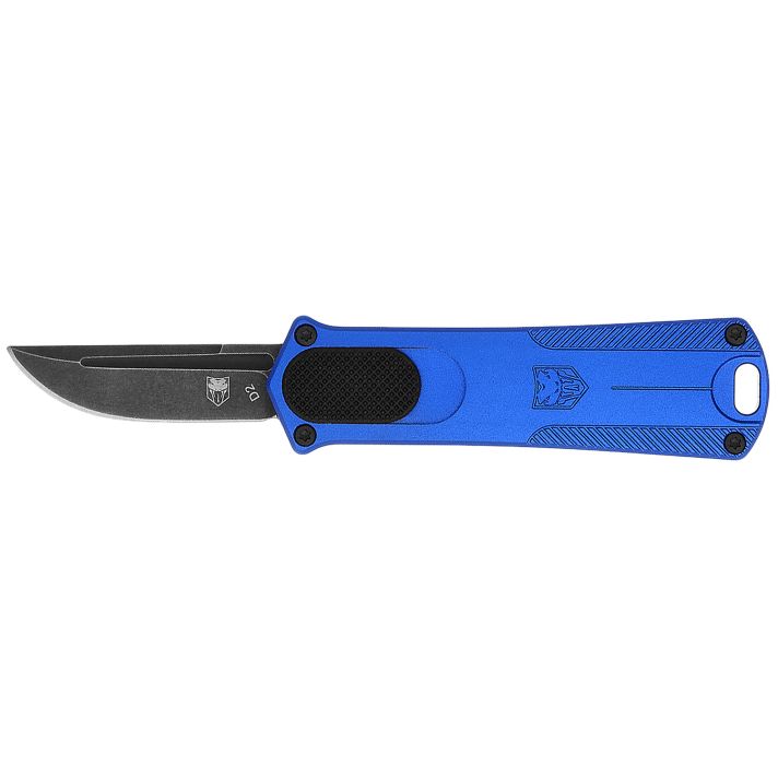 CobraTec Knives CALI952BLUDNS California 952 *CA Compliant 1.75" OTF Drop Point Plain Black Stonewashed D2 Steel Blade, 3" Blue Anodized Aluminum Handle