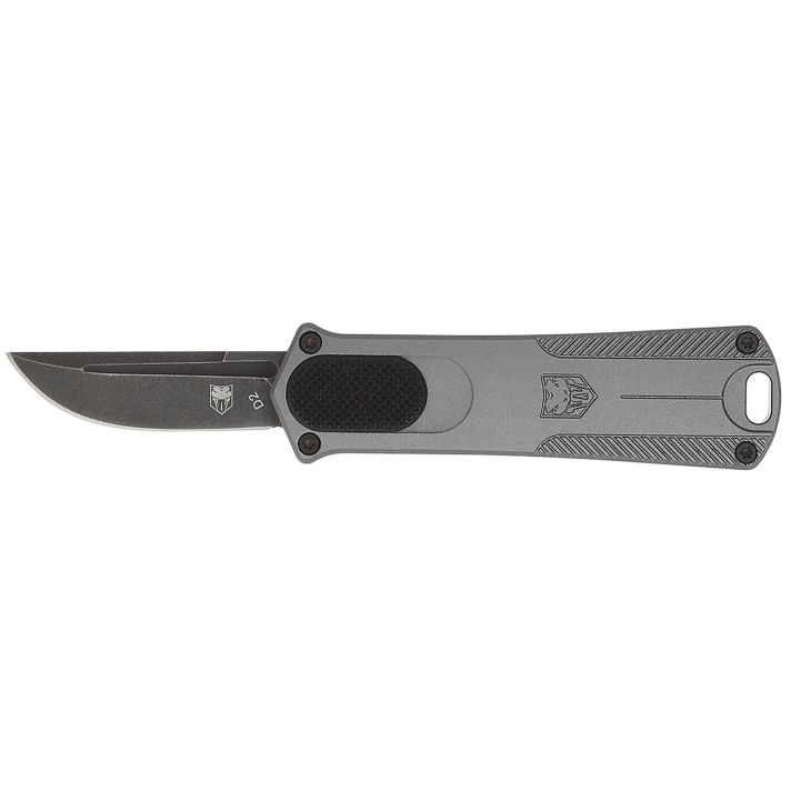 CobraTec Knives CALI952GRYDNS California 952 *CA Compliant 1.75" OTF Drop Point Plain Black Stonewashed D2 Steel Blade, 3" Gray Anodized Aluminum Handle