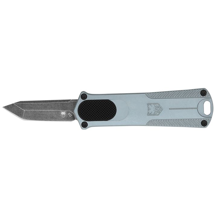 CobraTec Knives CALI952GRYTNS California 952 *CA Compliant 1.75" OTF Tanto Plain Black Stonewashed D2 Steel Blade, 3" Gray Anodized Aluminum Handle