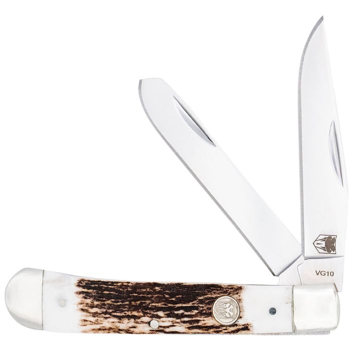 CobraTec Knives CTTDTRPSTAG TrapperFolding 2.88" Clip Point, 2.94" Spey Plain Polished VG-10 SS Blades, 4.44" Stag Bone Scales/SS Handle