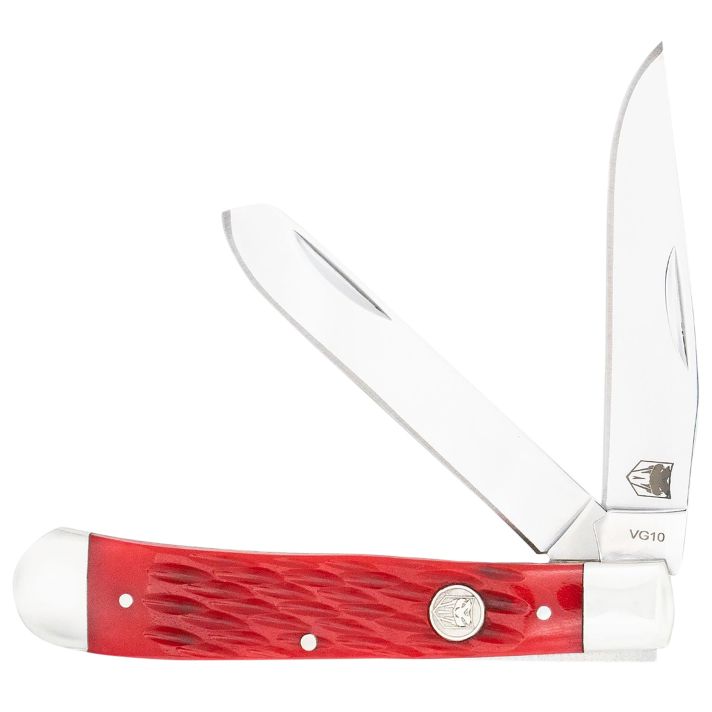 CobraTec Knives CTTDTRPREDBN TrapperFolding 2.88" Clip Point, 2.94" Spey Plain Polished VG-10 SS Blades, 4.44" Red Bone Scales/SS Handle