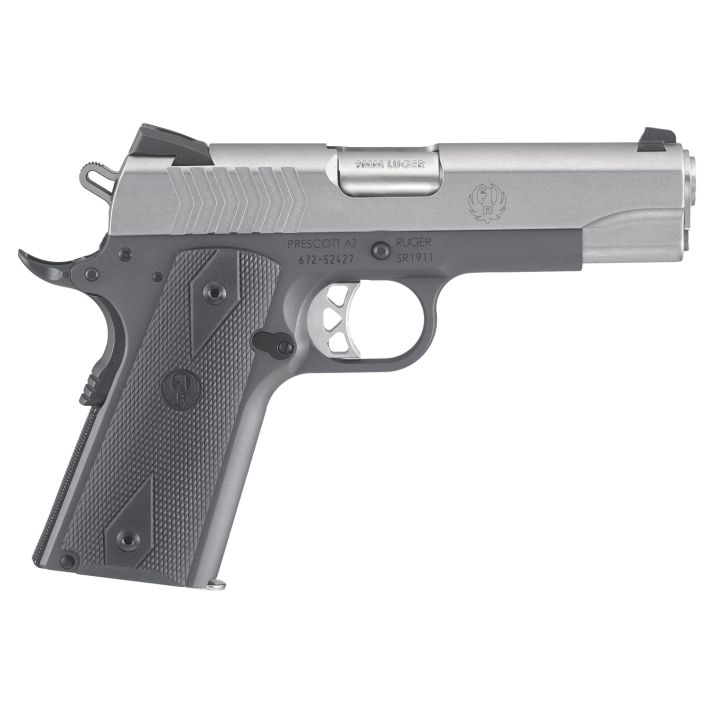 Ruger 6722 SR1911 Commander-Style 9mm Luger 9+1 4.25" Stainless Steel Barrel, Low-Glare Stainless Serrated Steel Slide, Tungsten Gray Cerakote Aluminum Frame w/Beavertail, Black Rubber Grip