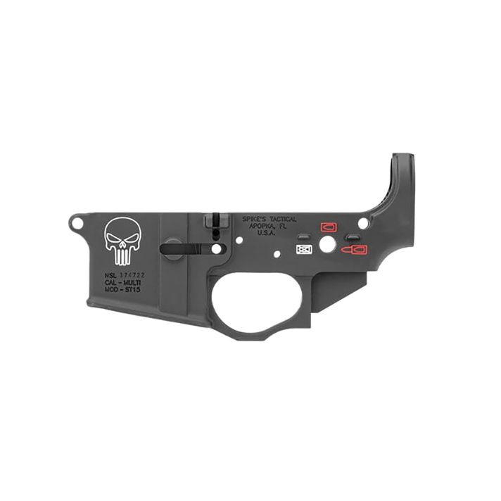 Spikes Tactical STLS015CFA Punisher Stripped Lower Receiver Multi-Caliber 7075-T6 Aluminum Black Anodized with Color Fill for AR-15