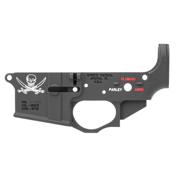 Spikes STLS016CFA Calico Jack Stripped Lower Receiver Multi-Caliber 7075-T6 Aluminum Black Anodized with Color Fill for AR-15