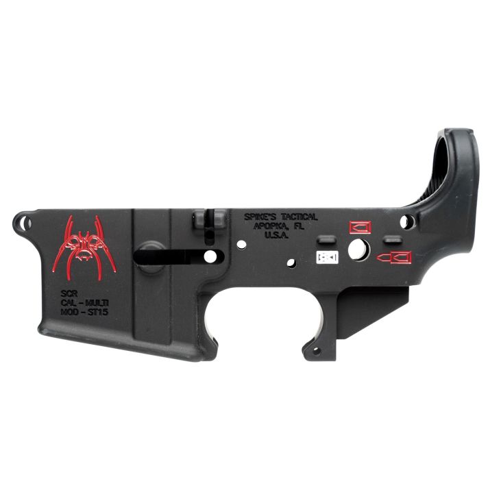 Spikes STLS019CFA Spider Stripped Lower Receiver Multi-Caliber 7075-T6 Aluminum Black Anodized with Color Fill for AR-15
