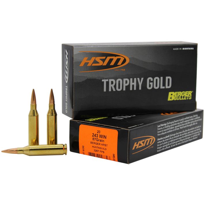 HSM 24387VLD Trophy Gold Extended Range 243 Win 87 gr Berger Hybrid Tactical Open Tip Match 20 Per Box/ 25 Case