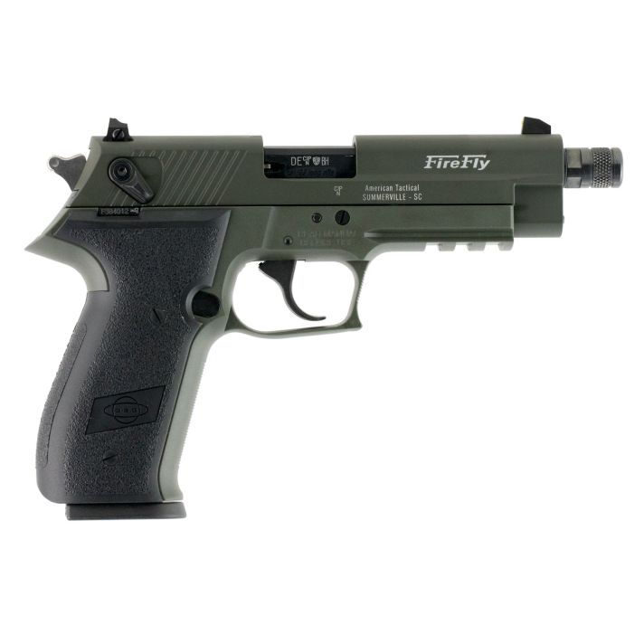 GSG GERG2210TFFG FireFly22 LR 10+1 4.90" Black Steel/Threaded Barrel, Green Serrated Slide & Zinc Alloy w/Accessory Rail Frame, Black Polymer Grip
