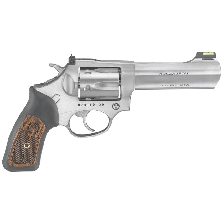 Ruger 5773 SP101Small Frame 327 Federal Mag 6rd, 4.20" Satin Stainless Steel Barrel, Cylinder & Frame, Black Rubber w/Wood Insert Grip, Exposed Hammer, Transfer Bar Safety