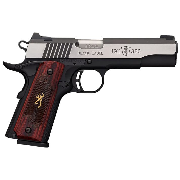 Browning 051912492 1911-380 Black Label Medallion Pro 380 ACP 8+1 4.25" Target Crown Barrel, Blackened w/Silver Polished Flats Serrated SS Slide, Matte Black Polymer Framew/Beavertail