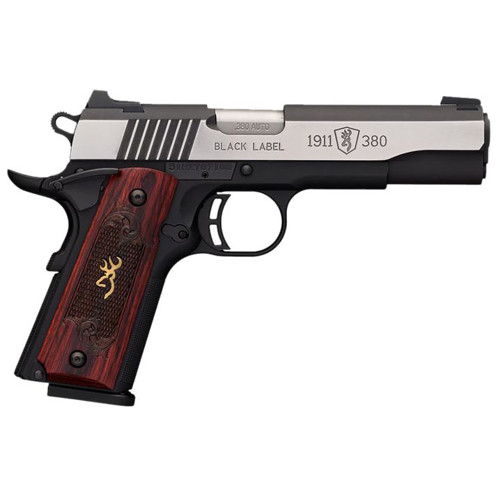 Browning 051914492 1911-380 Black Label Medallion Pro 380 ACP 8+1 4.25" Target Crown Barrel, Blackened w/Silver Polished Flats Serrated SS Slide, Matte Black Polymer Frame w/Beavertail