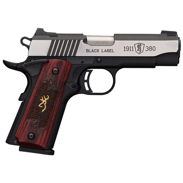 Browning 051913492 1911-380 Black Label Medallion Pro Compact 380 ACP 8+1, 3.63" Target Crown Steel Barrel, Blackened w/Silver Polished Flats Serrated SS Slide, Matte Black Polymer Frame w/Beavertail
