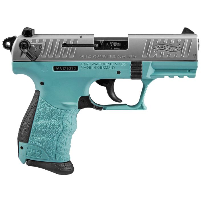 Walther Arms 5120362 P22 *CA Compliant 22 LR 10+1 3.42" Stainless Steel Serrated/Steel Slide, Angel Blue Polymer Frame w/Picatinny Rail, Black Interchangeable Backstrap Grips