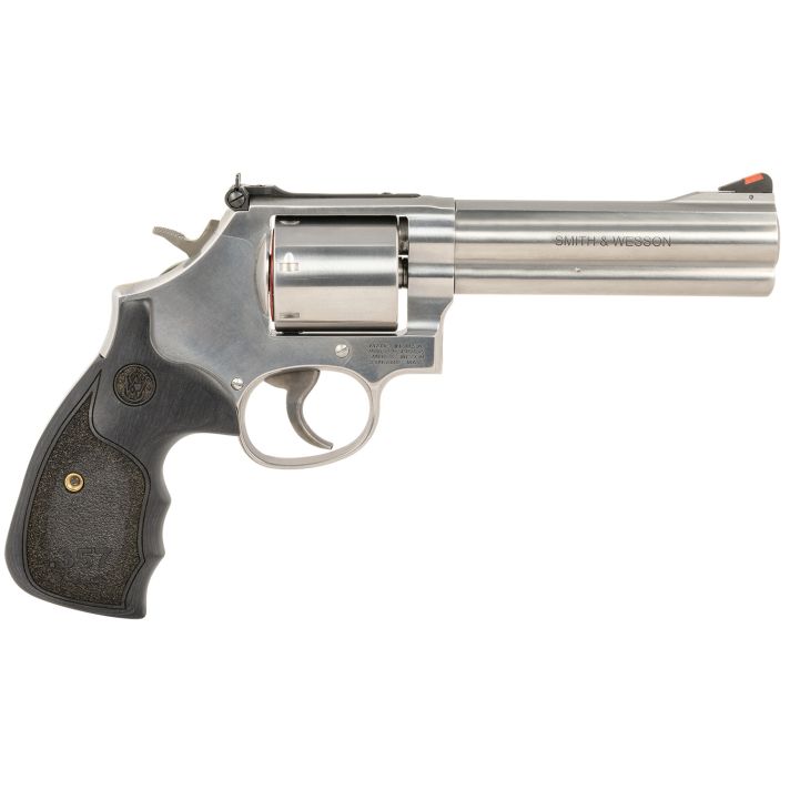 Smith & Wesson 150854 Model 686 Plus 38 S&W Spl +P, 357 Mag 7rd 5" Stainless Steel Barrel & Cylinder Satin Stainless Steel Frame with Black & Silver Custom Wood Grip & Red Ramp Front Sight