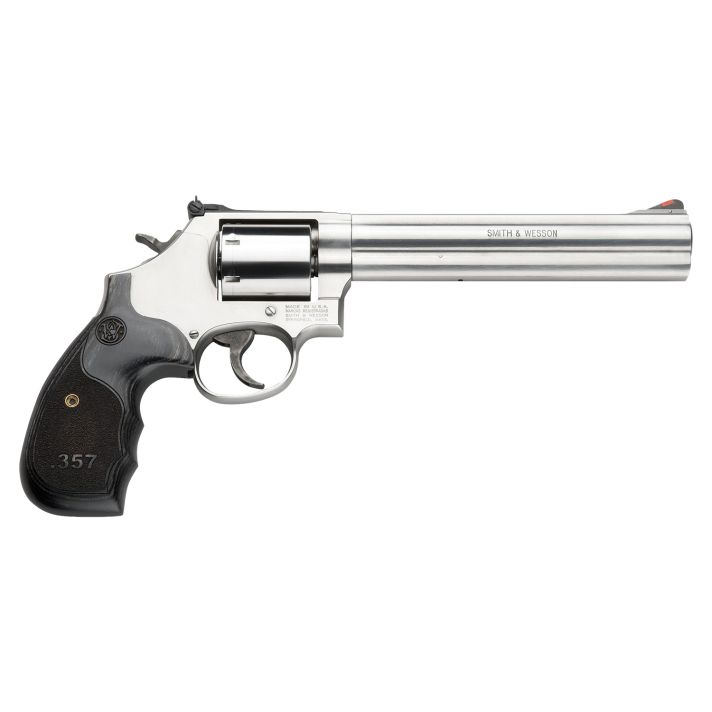 Smith & Wesson 150855 Model 686 Plus 38 S&W Spl +P, 357 Mag 7rd 7" Stainless Steel Barrel & Cylinder Satin Stainless Steel Frame with Black & Silver Custom Wood Grip & Red Ramp Front Sight
