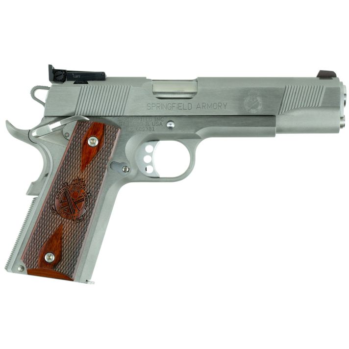 Springfield Armory PI9132LCA 1911 Loaded Target *CA Complaint 45 ACP 7+1, 5" Stainless Match Grade Stainless Barrel, Serrated Slide & Steel Frame w/Beavertail, Crossed Cannon Cocobolo Grip
