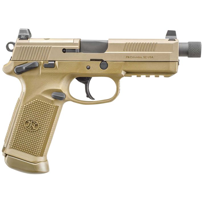 FN 66982 FNX Tactical 45 ACP 10+1 5.30" Black Steel Threaded Barrel, Flat Dark Earth Optic Cut/Serrated Steel Slide & Polymer Frame w/Picatinny Rail, FDE Interchangeable Backstrap Grip, Ambidextrous