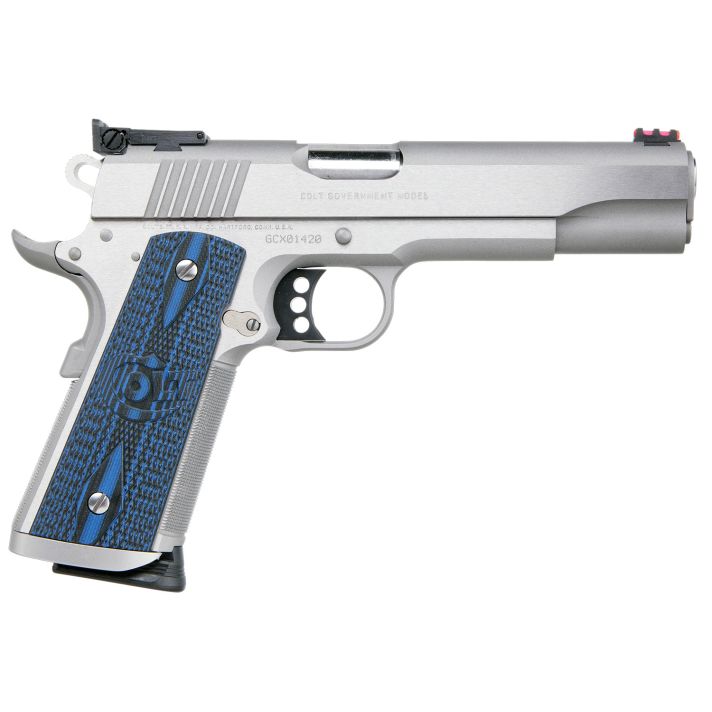Colt Mfg O5072XE Gold Cup Trophy 9mm Luger 9+1 5" Steel Barrel,Stainless Steel Serrated Slide & Frame w/Beavertail, Competition Blue G10 Grips, Ambidextrous