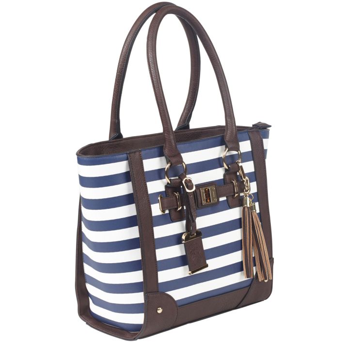 Bulldog BDP050 Tote Purse w/Holster Navy Stripe Leather Most Sm Pistols & Revolvers Right Hand
