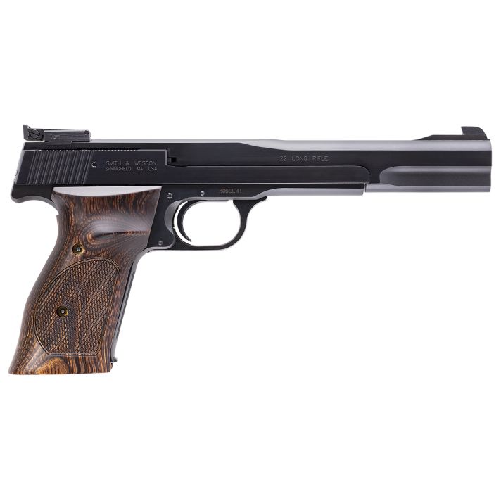 Smith & Wesson 130512 41Full Size Frame 22 LR 10+1, 7" Blued Button Rifled Steel Barrel, Serrated Slide & Frame, Checkered Wood Target Grip
