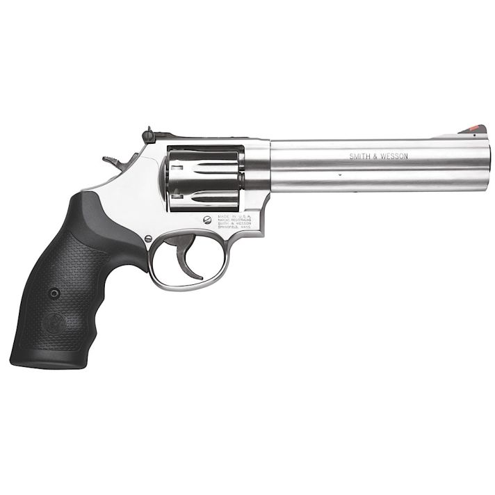 Smith & Wesson 164198 Model 686 Plus 357 Mag or 38 S&W Spl +PStainless Steel 6" Barrel & 7rd Cylinder, Satin Stainless Steel L-Frame, Red Ramp Front/White Outline Rear Sights, Internal Lock