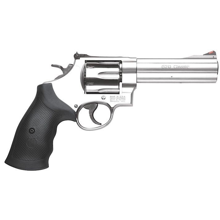Smith & Wesson 163636 Model 629 Classic 44 Rem Mag or 44 S&W Spl Stainless Steel 5" Barrel & 6rd Cylinder, Satin Stainless Steel N-Frame, Red Ramp Front/White Outline Rear Sights
