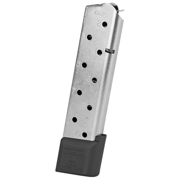 CMC Products 17150 Power Mag Railed 10rd 45 ACP Fits 1911 Government Stainless Steel w/ Black Base Pad