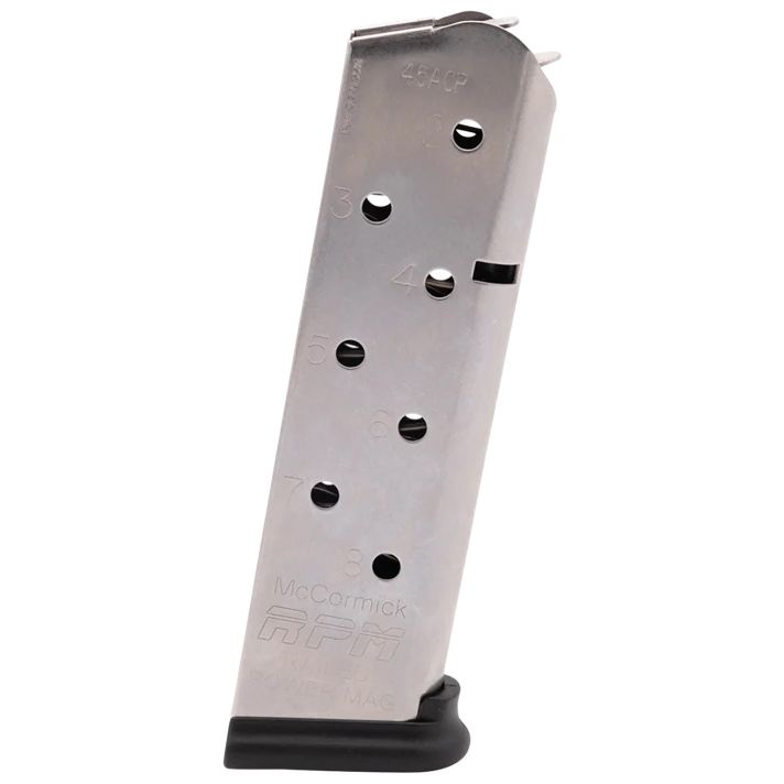 CMC Products 17130 Power Mag Railed 8rd 45 ACP Fits 1911 Government Stainless Steel w/ Black Base Pad