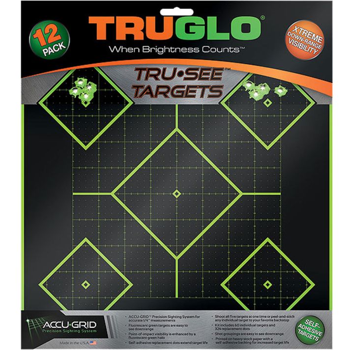 TruGlo TG14A12 Tru-See 5- Diamond Target Self-Adhesive Heavy Paper Black/Green 12"x12" 12 Pack