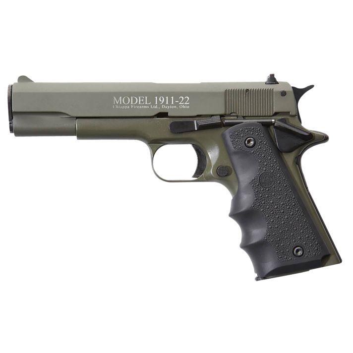 Chiappa Firearms 401121 1911-2222 LR 10+1 5" OD Green Serrated Steel Slide & Beavertail Frame, Black Hogue Rubber w/Finger Grooves Grip