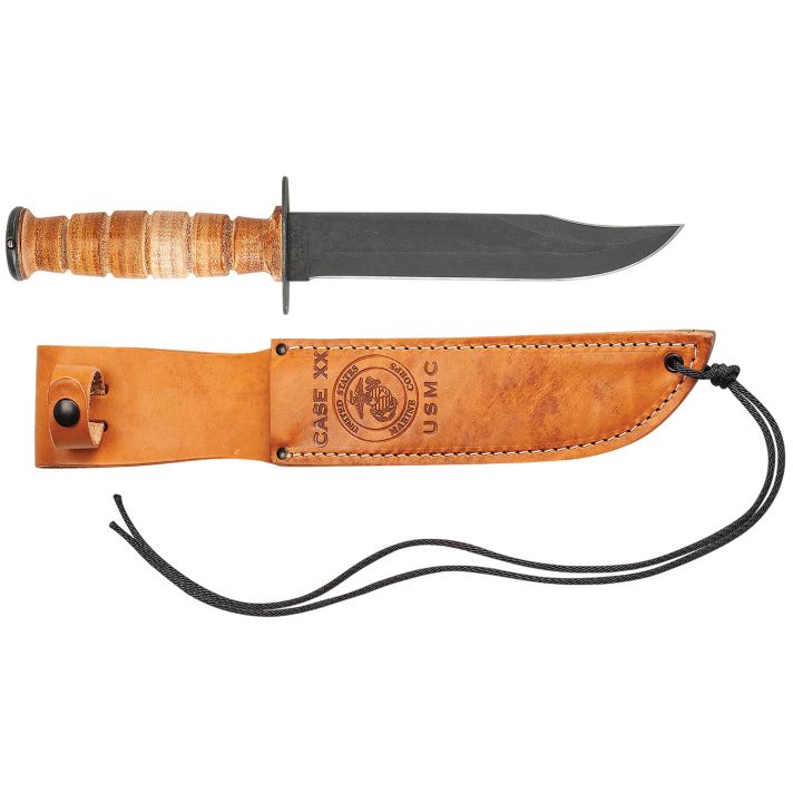 Case 00334 USMC7" Fixed Clip Point Plain Blackened 1095 Carbon Steel Blade Grooved Leather Handle