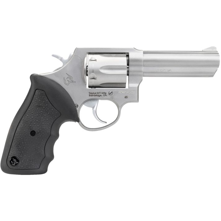 Taurus 2650049 65Medium Frame 357 Mag/38 Special +P 6rd 4" Matte Stainless Steel Barrel, Cylinder & Frame, Fixed Sights, Black Soft Rubber Finger Groove Grip, Transfer Bar Safety, Exposed Hammer