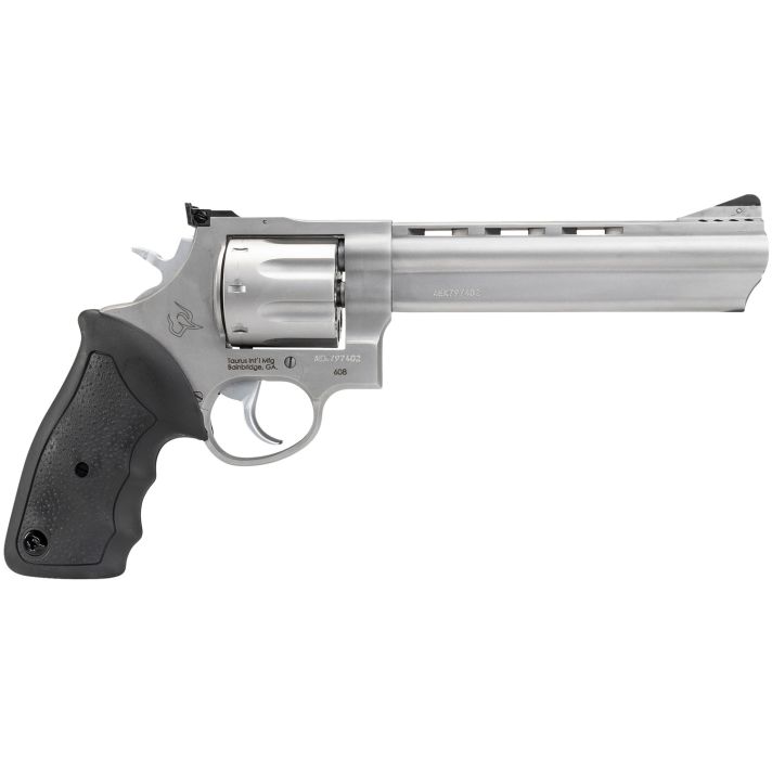 Taurus 2-608069 60838 Special +P or 357 Mag Caliber with 6.50" Ported Barrel, 8rd Capacity Cylinder, Overall Matte Finish Stainless Steel, Finger Grooved Black Rubber Grip & Adjustable Rear Sight