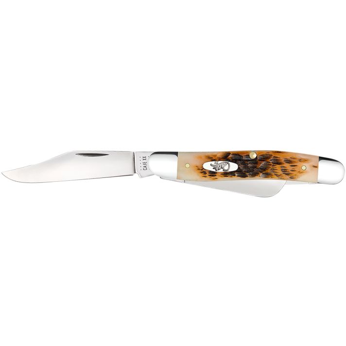 Case 00128 StockmanMedium 2.92"/2.15"/1.90" Folding Clip/Sheepsfoot/Spey Plain Mirror Polished Tru-Sharp SS Blade/Peach Seed Jigged Amber Bone Handle