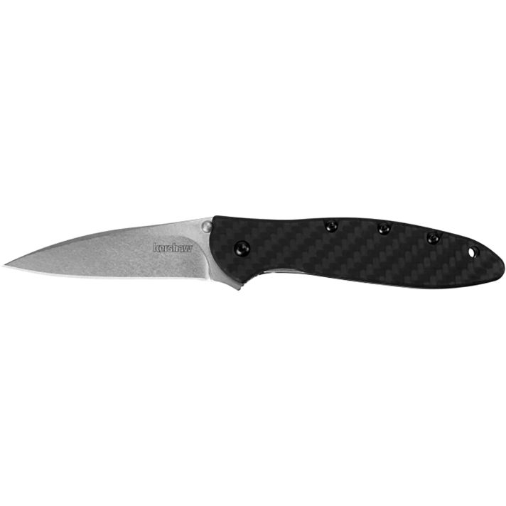 Kershaw 1660CF Leek3" Folding Drop Point Plain Stonewashed CPM 154 SS Blade Black Carbon Fiber Handle Includes Pocket Clip
