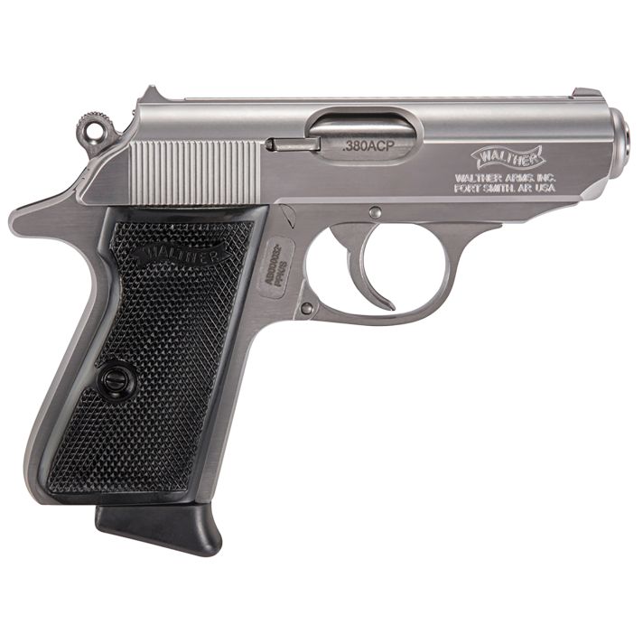 Walther Arms 4796004 PPK/S380 ACP 7+1 3.30" Stainless Steel Barrel, Stainless Steel Serrated Zinc Alloy Slide, Stainless Aluminum Frame w/Beavertail, Black Polymer Grip, Manual Thumb Safety