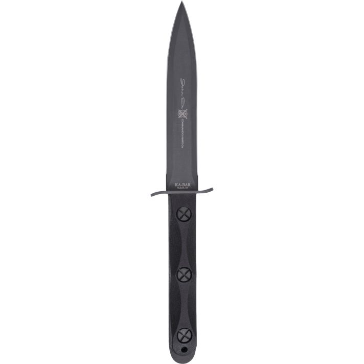 Ka-Bar EK44 Ek Model 4 6.63" Fixed Double Edge Spear Point Plain Stonewashed 1095 Cro-Van Blade, Black GRN Handle, Includes Sheath