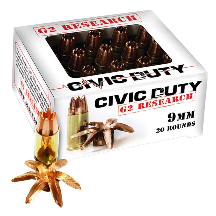 G2 Research G00602 Civic Duty9mmLuger 96gr Copper Expansion Projectile 20 Per Box/25 Case