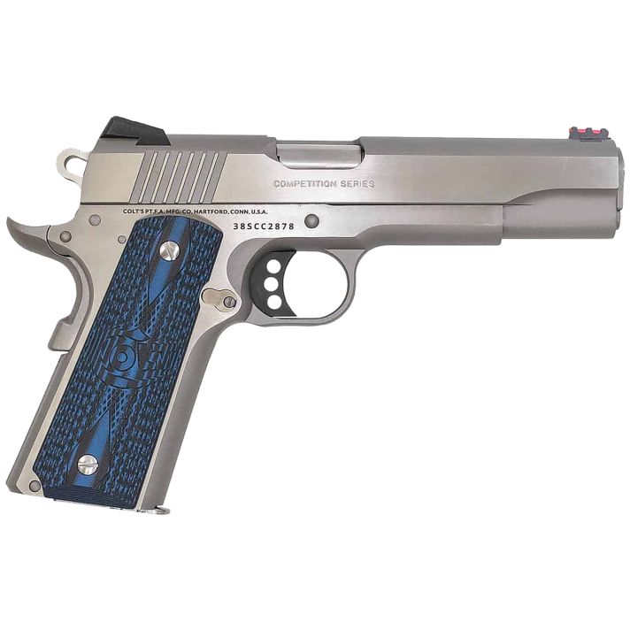 Colt Mfg O1073CCS Competition Government 38 Super 9+1 5" Stainless National Match Barrel, Serrated Slide & Frame w/Beavertail, Checkered Blue G10 Grip, Ambidextrous