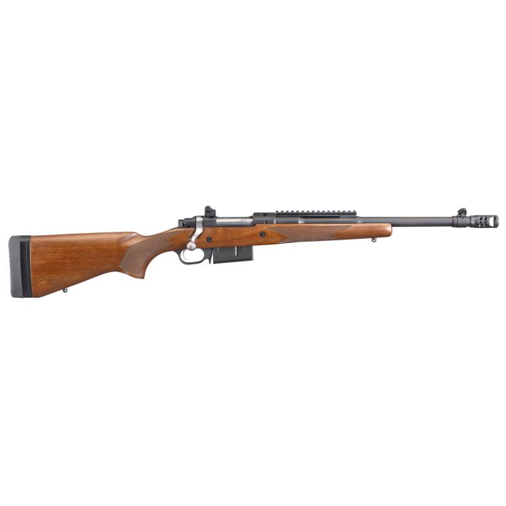 Ruger 6837 Scout450 Bushmaster 4+1 16.10" Barrel With Hybrid Muzzle Brake, Matte Black Alloy Steel, American WalnutStock, Optics Ready