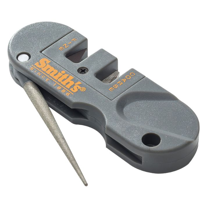 Smiths Products PP1 Pocket Pal Knife Sharpener Hand Held Fine, Medium, Coarse Carbide, Ceramic, Diamond Sharpener Plastic Handle Gray